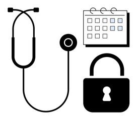 Stethoscope, calendar with marked dates, and security lock emphasize patient scheduling, medical data security, and trust. Ideal for healthcare management, privacy, safety, cybersecurity