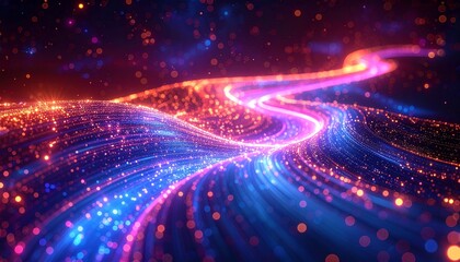 Abstract glowing fiber optic stream on dark background