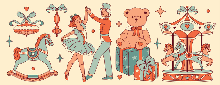 A large Noel collection of vintage Christmas illustrations featuring toys, amusement park elements, a ballerina, and a prince dancer. A perfect set for holiday projects