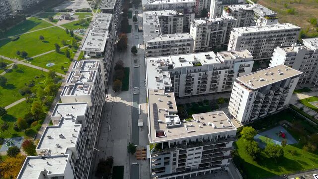 Aerial view of a contemporary city neighborhood with buildings, architecture and urban planning. Italy, Milan, Santa Giulia is a residential area