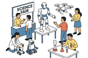 Innovative science fair with robotics, ai, and drone technology in isometric style
