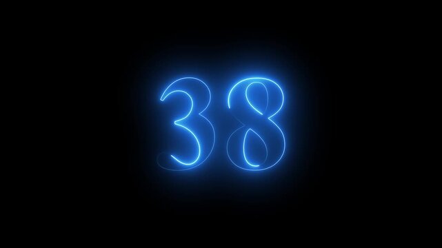 Abstract glowing Neon 38 number educational mathematics text icon animation on black background. a dynamic motion and glowing neon number countdown icon animation.	