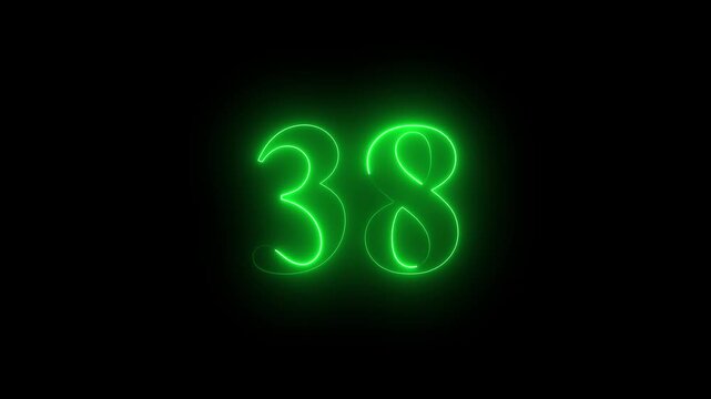 Abstract glowing Neon 38 number educational mathematics text icon animation on black background. a dynamic motion and glowing neon number countdown icon animation.	