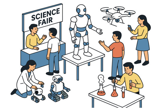 Innovative science fair with robotics, ai, and drone technology in isometric style - Powered by Adobe