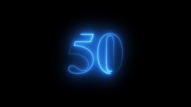 Abstract glowing Neon 50 number educational mathematics text icon animation on black background. a dynamic motion and glowing neon number countdown icon animation.	