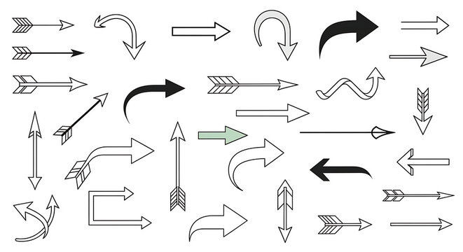 Diverse arrow icons collection outline, filled, curved, straight designs for graphic projects. Ideal for web, UI, and conceptual illustrations