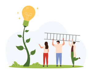 Three people collaborate using a ladder to reach a giant lightbulb growing on a plant, symbolizing innovation, growth, and successful teamwork in project development isolated vector illustration