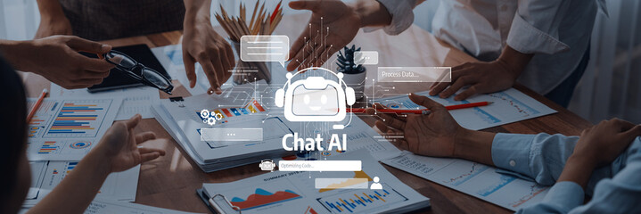 A modern business team engages in a collaborative discussion about Chat AI solutions, surrounded by data-driven charts and innovative ideas for digital transformation. Trope