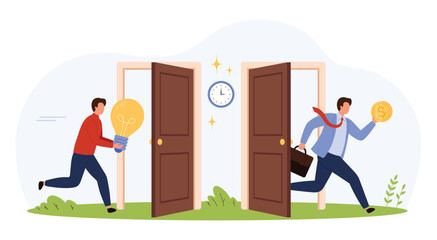 Fototapeta premium Businessman carrying lightbulb enters door, transforms into professional running with coin and briefcase. Career growth, opportunity, achievement, financial success isolated vector illustration