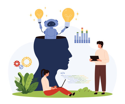 Robot emerging from human head holding light bulbs, surrounded by tiny people coding and analyzing, symbolizing teamwork, innovation, and AI technology isolated vector illustration