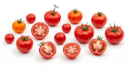 A vibrant arrangement of ripe red tomatoes, both whole and halved, showcasing their fresh texture and natural appeal, perfect for culinary inspiration and healthy eating