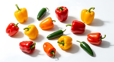 Fresh Bell Peppers and Jalapeños Arrayed on White Surface, Vibrant Colors