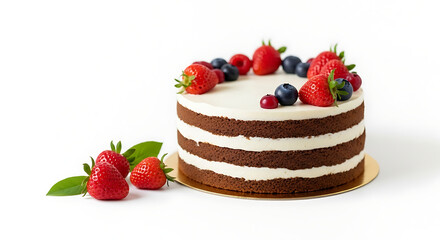 Sweet layered cake, decorated with fresh strawberries, blueberries, and raspberries, on a golden stand against a white background, ideal for dessert or celebration