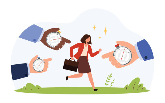 Female professional running with briefcase surrounded by hands holding stopwatches symbolizing hustle culture, urgency, and workplace stress isolated vector illustration