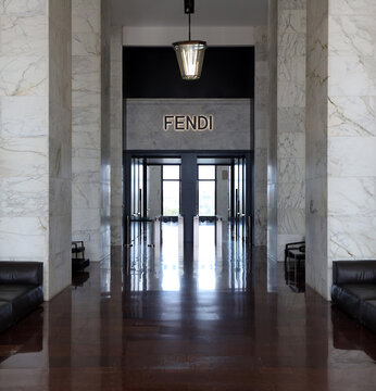 Rome, Metropolitan City of Rome Capital, Italy - Oct 26, 2025: The Fendi headquarters in the Palazzo della Civilt&agrave; Italiana in Rome, Italy, Fendi is an Italian luxury fashion house.