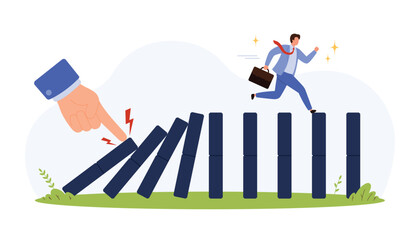 Businessman jumps over falling dominoes as a giant hand triggers chain reaction, proactive crisis management, risk avoidance, leadership in challenging situations isolated vector illustration