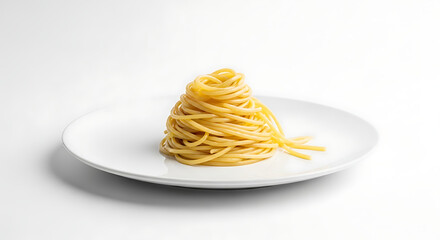 A perfectly cooked mound of golden spaghetti served on a clean white plate against a stark white background