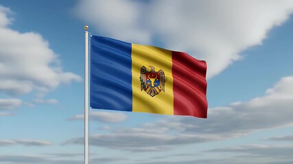 South Sudan flag waving proudly against a bright blue sky with fluffy clouds, perfect for travel, news, or patriotic themes