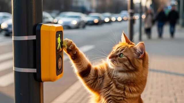 Orange street cat presses pedestrian crossing signal button at crosswalk, active animal pet in urban street traffic footage.