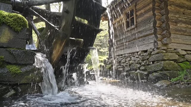 Rustic Wooden Water Wheel Turning Steadily Beside an Old Log Cabin with Water Cascading Down Moss Covered Rocks into a Stream on a Bright Sunny Day