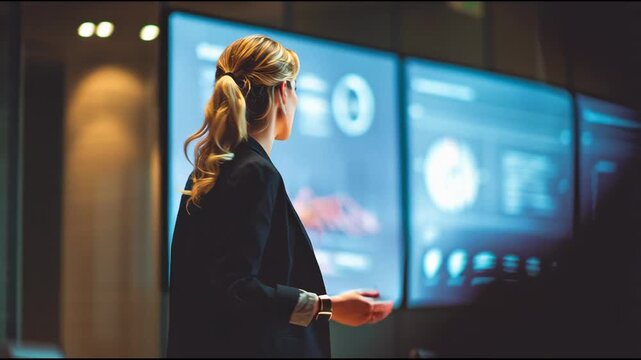 Confident Businesswoman Presenting Data Analysis and Strategy on Digital Screens in Corporate Conference Room