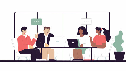 A diverse team of business professionals engaged in a collaborative discussion, working on laptops during a corporate meeting in a modern office