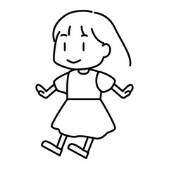 横向きの笑顔の女の子キャラクターの白黒線画ベクターイラスト
