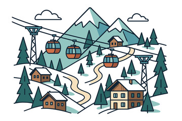 Naklejka premium Winter mountain scene with cable cars and snowy cabins in flat style