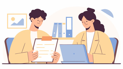 Business team collaboration with two professionals at an office desk. A man reviews a document on a clipboard while a woman works on a laptop