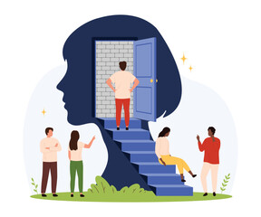 Group of diverse people encounter a blocked doorway inside a human head silhouette, symbolizing closed mindset, mental barriers, and lack of openness isolated vector illustration