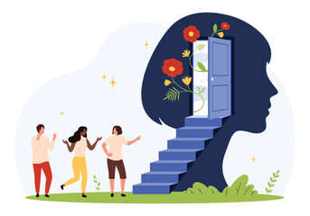 Group of people approach stairs leading to open door inside human head silhouette with blooming flowers symbolizing growth, creativity, and new opportunities isolated vector illustration