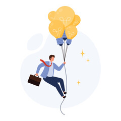 Businessman holding briefcase rises with light bulb balloons symbolizing creative ideas, innovation, and ambition in business success, flat style isolated vector illustration