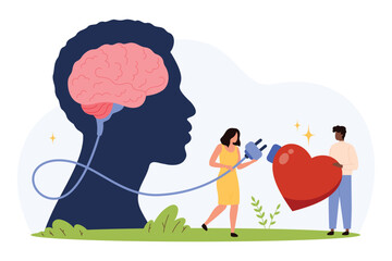 Human brain silhouette with cable connecting to heart symbol, people demonstrating emotional intelligence, empathy, mental health, self-awareness, flat style isolated vector illustration