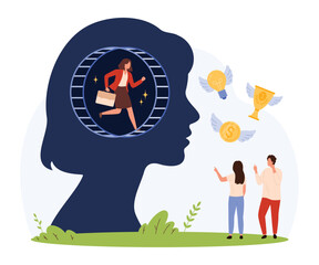 Conceptual flat design showing employee trapped in routine, chasing success, money, and ideas, highlighting work-life balance and ambition isolated vector illustration