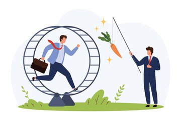Corporate employee running in a hamster wheel chasing carrot on stick, symbolizing work motivation, endless routine, career pursuit, business pressure, flat isolated vector illustration