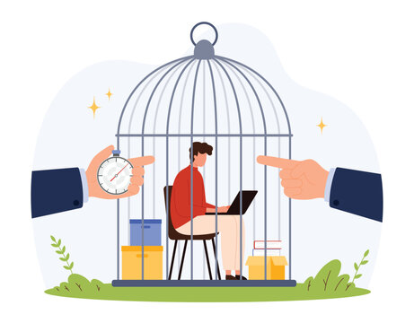 Depicts stressed office worker inside birdcage with laptop, surrounded by boxes, stopwatch, and pointing hand, symbolizing pressure, control, and exploitation isolated vector illustration