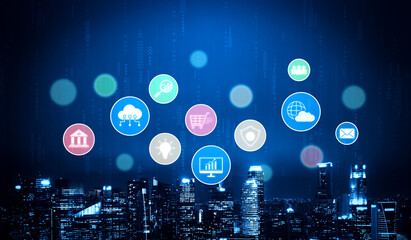 Set of business and digital service icons representing finance, cloud, analytics, email,...