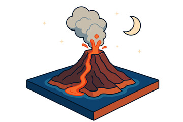 Isometric volcano erupting with lava and smoke at night under moonlight