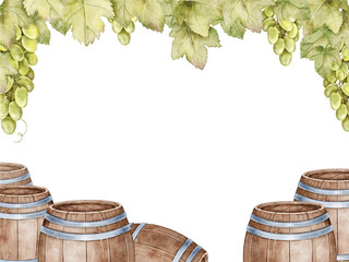 Watercolor frame with multiple wooden barrels, green grape clusters and vine leaves at edges. Perfect for wine festival invitation, tasting menu, drink packaging, vintage kitchen card, farm label.