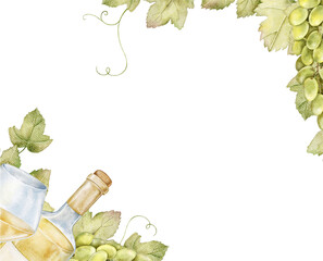 Watercolor illustration of a rectangular frame with green grapes, wine bottle in ice, vine leaves in corners. Ideal for event invitation, menu, kitchen postcard, packaging, party label, vineyard art. © Evgeniia