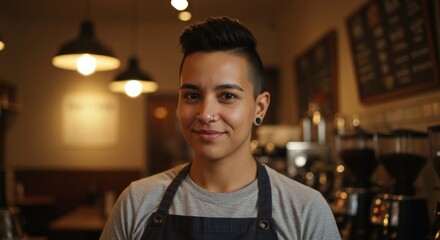 Fototapeta premium Warmly Lit Portrait of a Confident Barista in a Coffee Shop