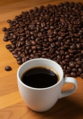 Fototapeta premium Classic white porcelain mug filled with dark espresso on a wooden surface next to a large heap of roasted coffee beans ,caffeine, coffee, heap