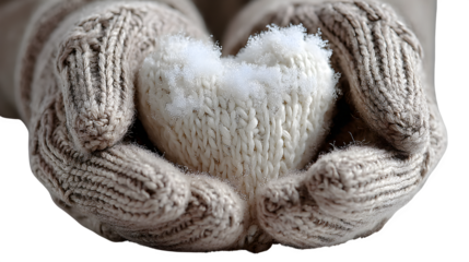 Soft woolen gloves holding a heart-shaped snowball, representing warmth and love in winter isolated on white background