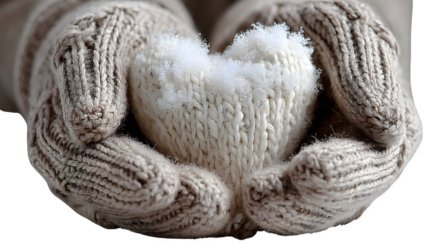 Soft woolen gloves holding a heart-shaped snowball, representing warmth and love in winter isolated on white background