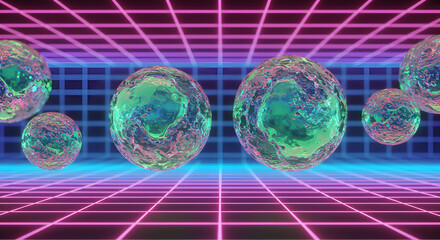 Abstract spheres floating in a retrofuturistic grid environment.