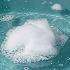 Luxurious white foam and airy bubbles floating on the surface of clear, warm bath water, evoking feelings of relaxation and spa treatment, skincare, freshness, warm