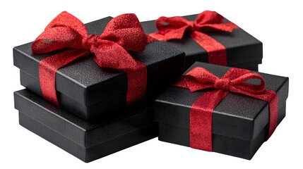 Sophisticated black gift box with decorative red bow for New Year campaign isolated on white background