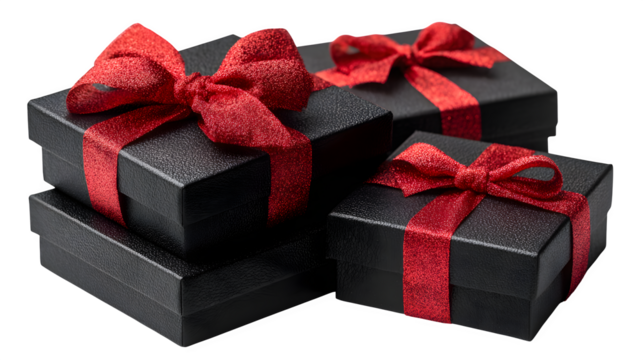 Sophisticated black gift box with decorative red bow for New Year campaign isolated on white background