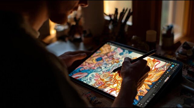 Digital Artist Creating Detailed, Vibrant Illustration on Tablet Using Stylus in a Moody, Dark Studio Environment.