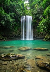 Fototapeta premium Vibrant tropical waterfall plunging into a clear turquoise natural pool surrounded by dense green rainforest vegetation and mossy rocks ,pristine, exotic, paradise